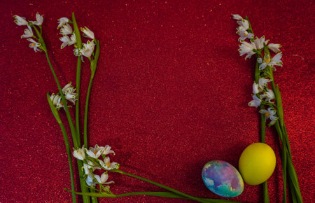 happy easter! Flat Lay, postcard or Internet banner with Copy Space on Easter. snowdrop flowers and easter eggsの写真素材