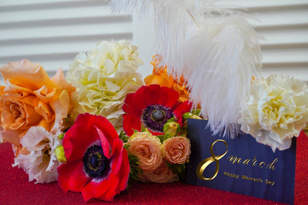 International Women's Day March 8! Flat Lay, banner, greeting card with flowers from March 8.の写真素材