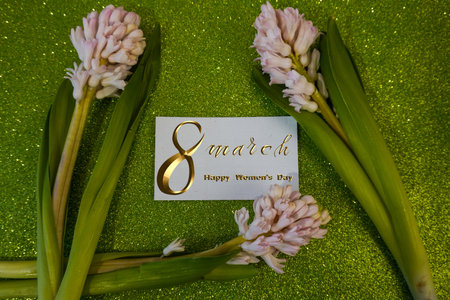 International Women's Day March 8! Flat Lay, banner, greeting card with flowers from March 8. bouquet of hyacinthsの写真素材