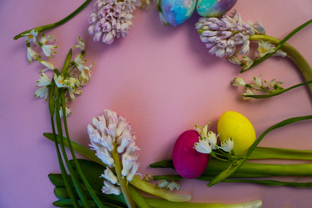 Happy Easter! Flat Lay, postcard or Internet banner with Copy Space on Easter, Bouquet of flowers...