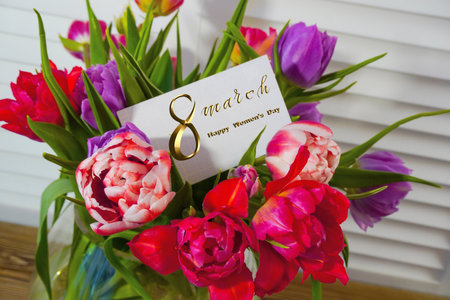 International Women's Day March 8! Flat Lay, banner, greeting card with flowers from March 8. bouquet of tulipsの写真素材