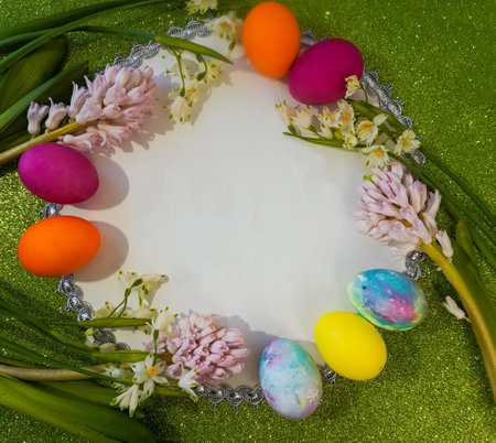 Happy Easter! Flat Lay, postcard or Internet banner with Copy Space on Easter, Bouquet of flowers and Easter eggsの写真素材