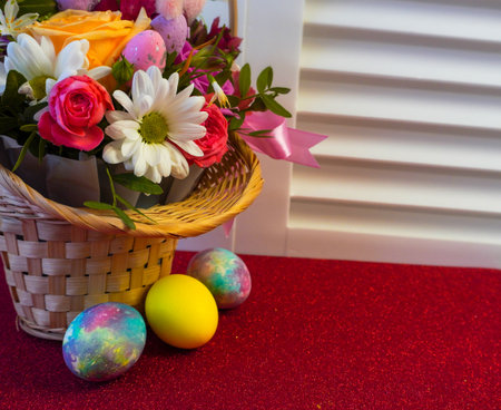 Happy Easter! Flat Lay, postcard or Internet banner with Copy Space on Easter, Bouquet of flowers and Easter eggsの写真素材