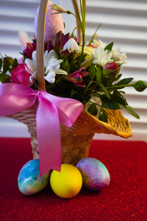 Happy Easter! Flat Lay, Internet banner, postcard on Easter. Bouquet of flowers and Easter eggsの写真素材