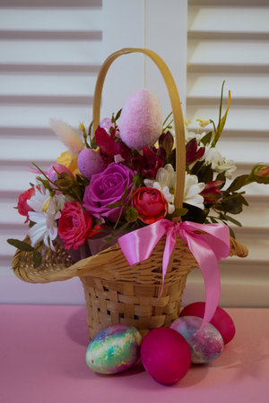 Happy Easter! Flat Lay, Internet banner, postcard on Easter. Bouquet of flowers and Easter eggsの写真素材