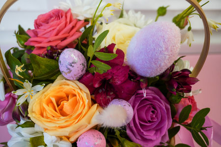 Happy Easter! Flat Lay, Internet banner, postcard on Easter. Bouquet of flowers and Easter eggsの写真素材