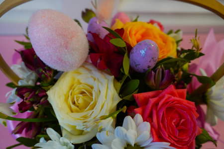 Happy Easter! Flat Lay, Internet banner, postcard on Easter. Bouquet of flowers and Easter eggsの写真素材