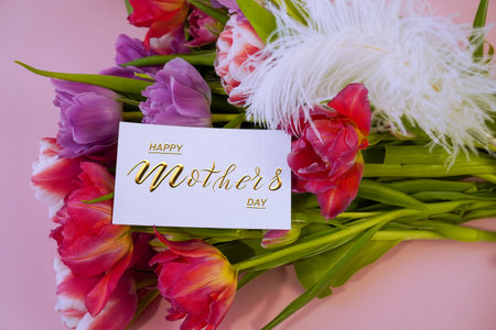 Happy mother's day! Card, Banner, flyer, Congratulations on Mother's Day, Bouquet of tulipsの写真素材