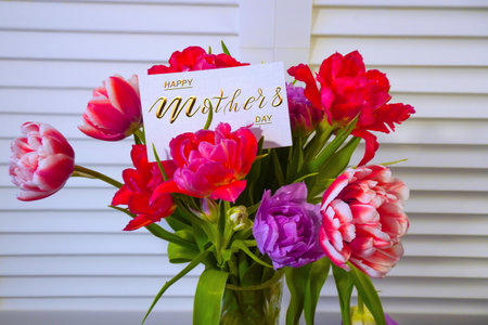 Happy mother's day! Card, Banner, flyer, Congratulations on Mother's Day, Bouquet of tulipsの写真素材