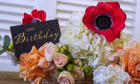 postcard , Internet banner with a birthday greeting, with the inscription - happy birthday, a bouquet of flowers with a note of congratulationsの写真素材