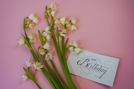 postcard, Internet banner, flat lay with a birthday greeting, with the inscription - happy birthdayの写真素材