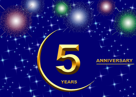 3d illustration of a 5th anniversary. golden numbers on a festive background. poster or card for anniversary celebration, partyの写真素材
