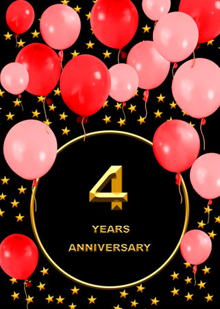 3d illustration of a 4th anniversary. golden numbers on a festive background. poster or card for anniversary celebration, partyの写真素材