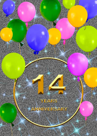 3d illustration of a 14 anniversary. golden numbers on a festive background. poster or card for anniversary celebration, partyの写真素材