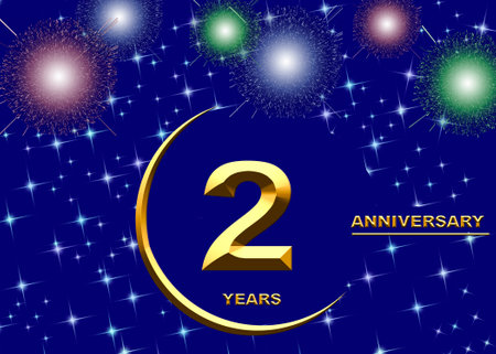 3d illustration of a 2nd anniversary. golden numbers on a festive background. poster or card for anniversary celebration, partyの写真素材