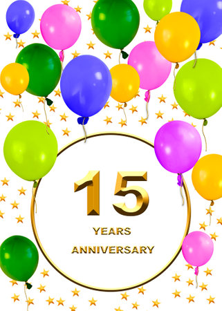 3d illustration of a 15 anniversary. golden numbers on a festive background. poster or card for anniversary celebration, partyの写真素材