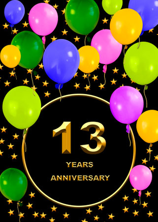 3d illustration of a 13th anniversary. golden numbers on a festive background. poster or card for anniversary celebration, partyの写真素材