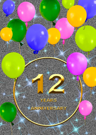 3d illustration of a 12 anniversary. golden numbers on a festive background. poster or card for anniversary celebration, partyの写真素材