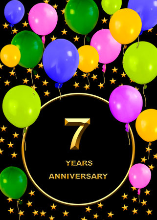 3d illustration of a 7th anniversary. golden numbers on a festive background. poster or card for anniversary celebration, partyの写真素材