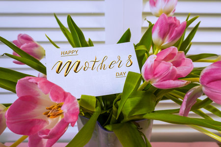 Happy mother's day! Card, Banner, flyer, Congratulations on Mother's Day, Bouquet of tulipsの写真素材