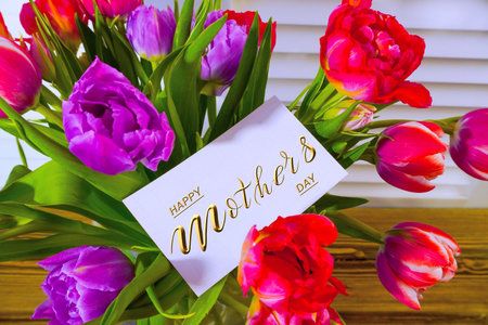Happy mother's day! Card, Banner, flyer, Congratulations on Mother's Day, Bouquet of tulipsの写真素材