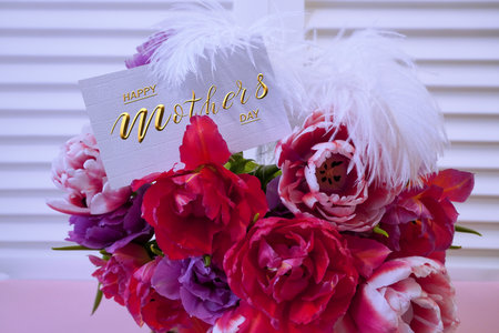 Happy mother's day! Card, Banner, flyer, Congratulations on Mother's Day, Bouquet of tulipsの写真素材