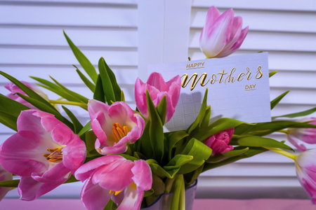 Happy mother's day! Card, Banner, flyer, Congratulations on Mother's Day, Bouquet of tulipsの写真素材