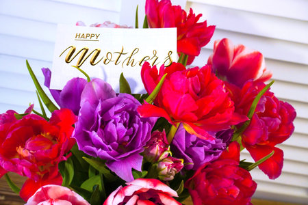 Happy mother's day! Card, Banner, flyer, Congratulations on Mother's Day, Bouquet of tulipsの写真素材