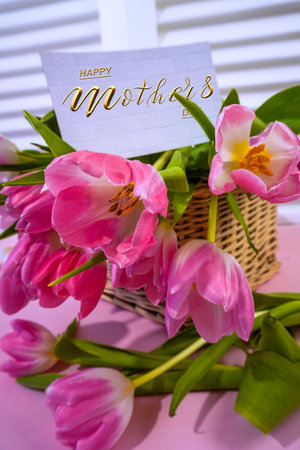 Happy mother's day! Card, Banner, flyer, Congratulations on Mother's Day, Bouquet of tulipsの写真素材
