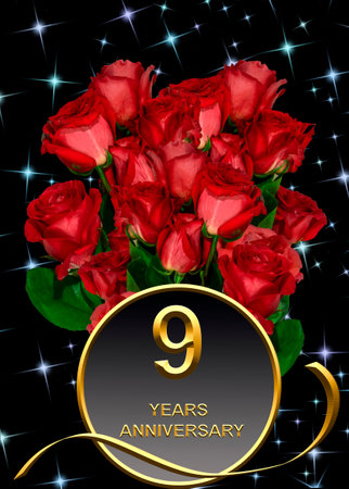 3d illustration, 9th anniversary. golden numbers on a festive background. poster or card for anniversary celebration, partyの写真素材
