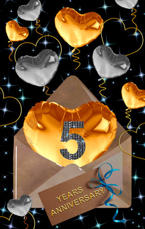3d illustration, 5th anniversary. golden numbers on a festive background. poster or card for anniversary celebration, partyの写真素材