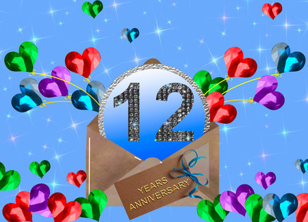 3d illustration, 12th anniversary. golden numbers on a festive background. poster or card for anniversary celebration, partyの写真素材