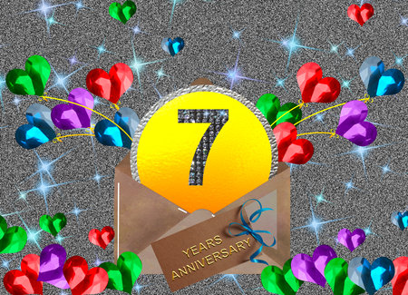 3d illustration, 7th anniversary. golden numbers on a festive background. poster or card for anniversary celebration, partyの写真素材