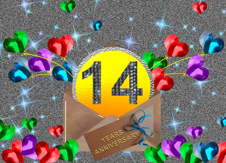 3d illustration, 14th anniversary. golden numbers on a festive background. poster or card for anniversary celebration, partyの写真素材