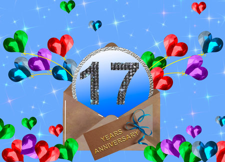 3d illustration, 17th anniversary. golden numbers on a festive background. poster or card for anniversary celebration, partyの写真素材