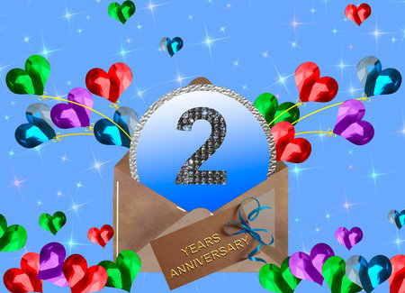 3d illustration, 2nd anniversary. golden numbers on a festive background. poster or card for anniversary celebration, partyの写真素材