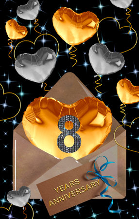 3d illustration, 8th anniversary. golden numbers on a festive background. poster or card for anniversary celebration, partyの写真素材