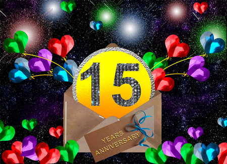3d illustration, 15th anniversary. golden numbers on a festive background. poster or card for anniversary celebration, partyの写真素材