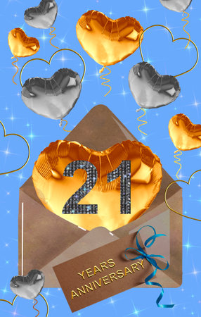 3d illustration, 21st anniversary. golden numbers on a festive background. poster or card for anniversary celebration, partyの写真素材