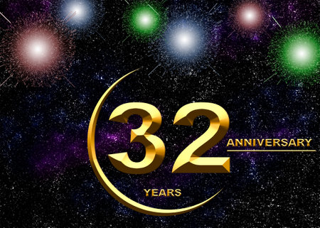 3d illustration, 32 anniversary. golden numbers on a festive background. poster or card for anniversary celebration, partyの写真素材