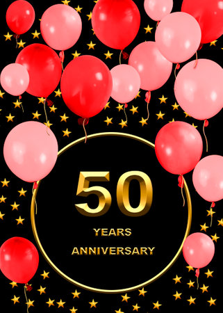 3d illustration, 50 anniversary. golden numbers on a festive background. poster or card for anniversary celebration, partyの写真素材