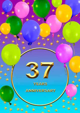 3d illustration, 37 anniversary. golden numbers on a festive background. poster or card for anniversary celebration, partyの写真素材