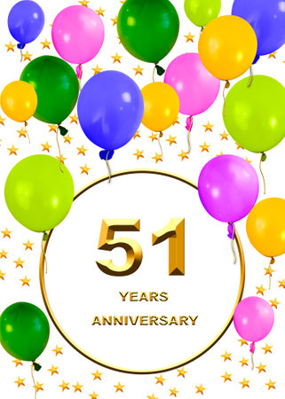 3d illustration, 51 anniversary. golden numbers on a festive background. poster or card for anniversary celebration, partyの写真素材