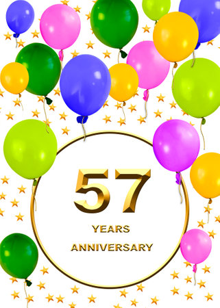 3d illustration, 57 anniversary. golden numbers on a festive background. poster or card for anniversary celebration, partyの写真素材
