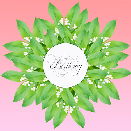 postcard , Internet banner , flat lay with a birthday greeting, with the inscription - happy birthday, lilies of the valleyの写真素材