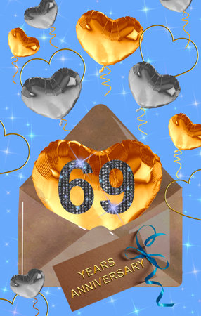3d illustration, 69 anniversary. golden numbers on a festive background. poster or card for anniversary celebration, partyの写真素材