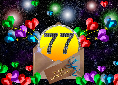 3d illustration, 77 anniversary. golden numbers on a festive background. poster or card for anniversary celebration, partyの写真素材