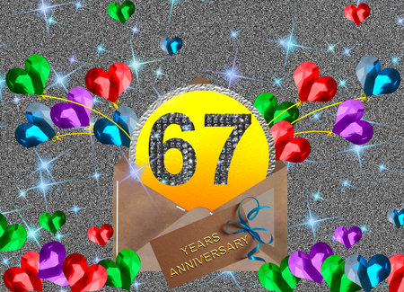 3d illustration, 67 anniversary. golden numbers on a festive background. poster or card for anniversary celebration, partyの写真素材