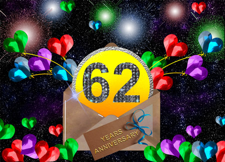 3d illustration, 62 anniversary. golden numbers on a festive background. poster or card for anniversary celebration, partyの写真素材