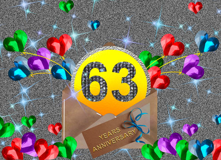 3d illustration, 63 anniversary. golden numbers on a festive background. poster or card for anniversary celebration, partyの写真素材